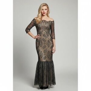 Marchesa Notte Black & Gold Metallic Lace Off The Shoulder Dress Women’s Size 8